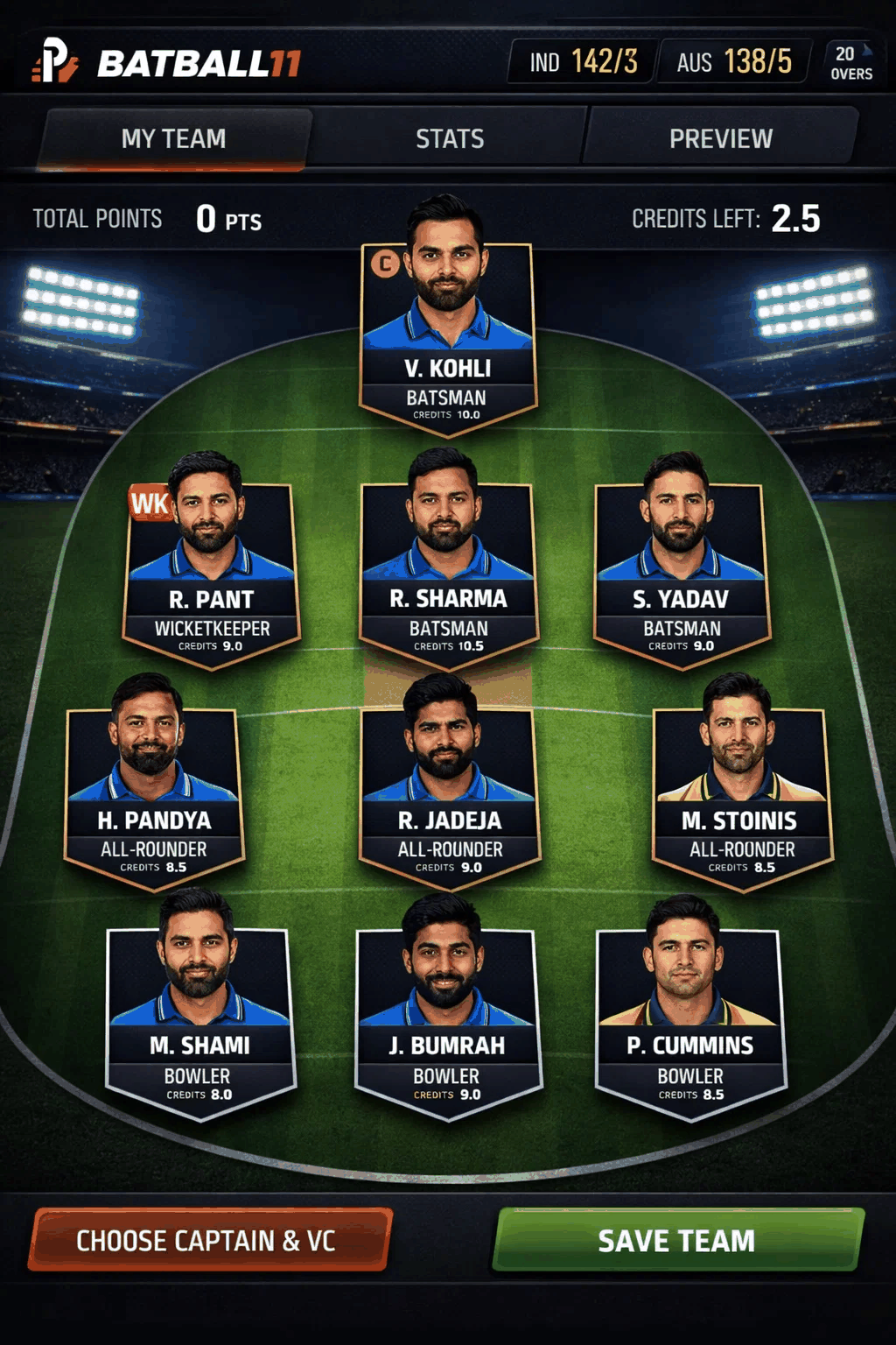 BatBall11 fantasy cricket team building dashboard