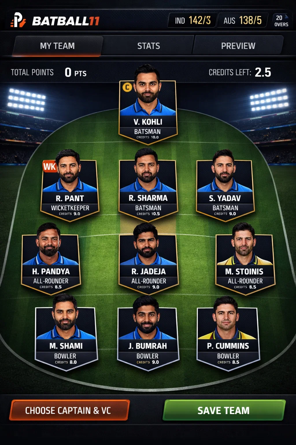 BatBall11 fantasy cricket app lineup dashboard